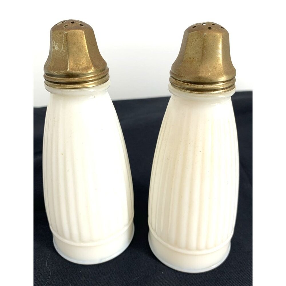 Milk Glass Salt and Pepper Shakers Ribbed 5.5" Goldtone Caps Vintage